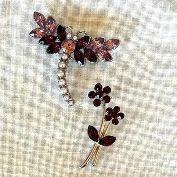 Purple Rhinestone Dragonfly Brooch & Floral Brooch Set of 2 - Picture 1 of 9